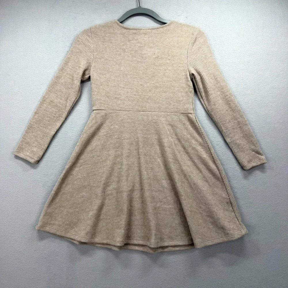 Old Navy Ribbed Fit & Flare Dress‎ Girls 10 Large Tan Long Sleeve Round Neck NEW